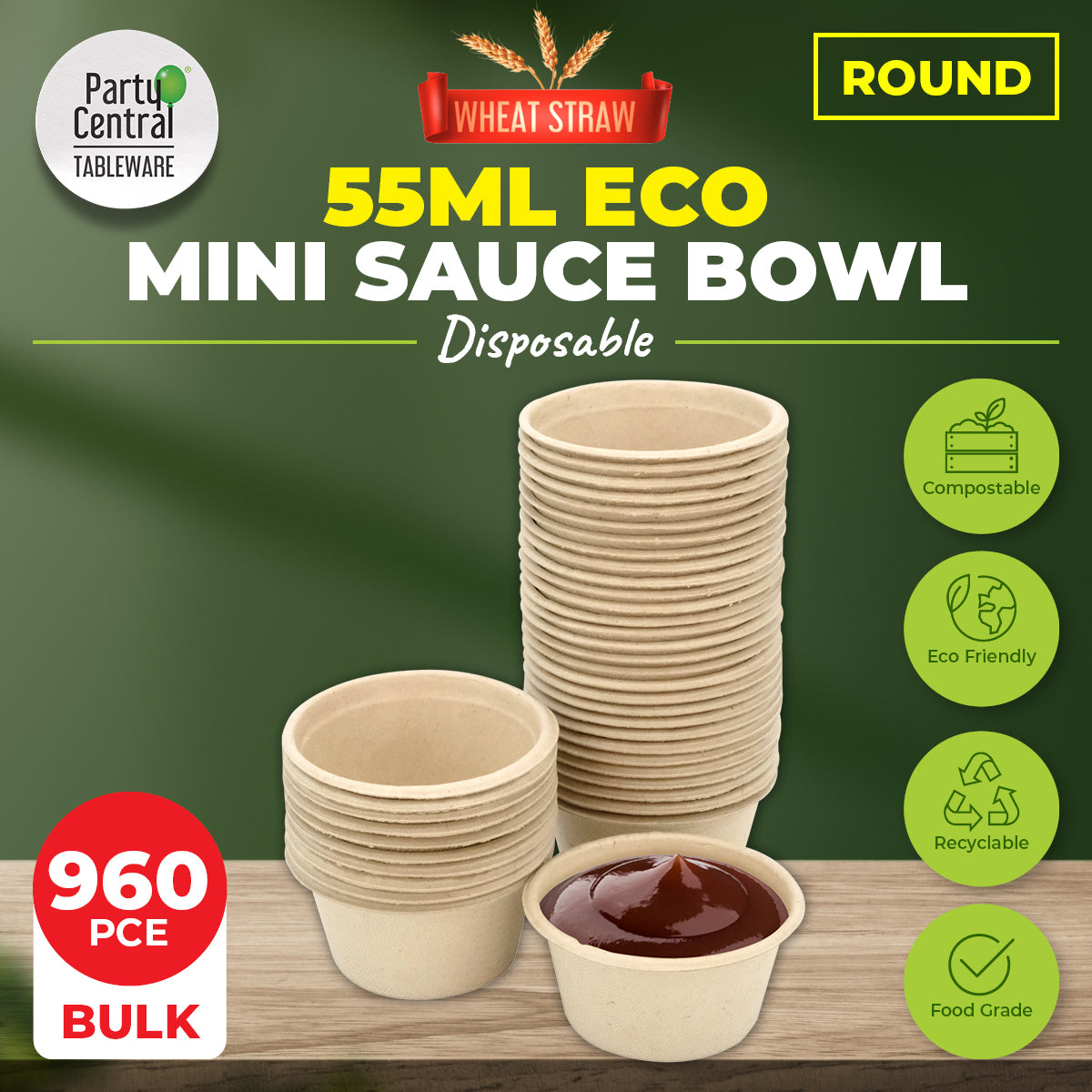 Party Central 960PCE Sauce Bowls Mini Size 150ml Eco-Friendly Recyclable 60mm