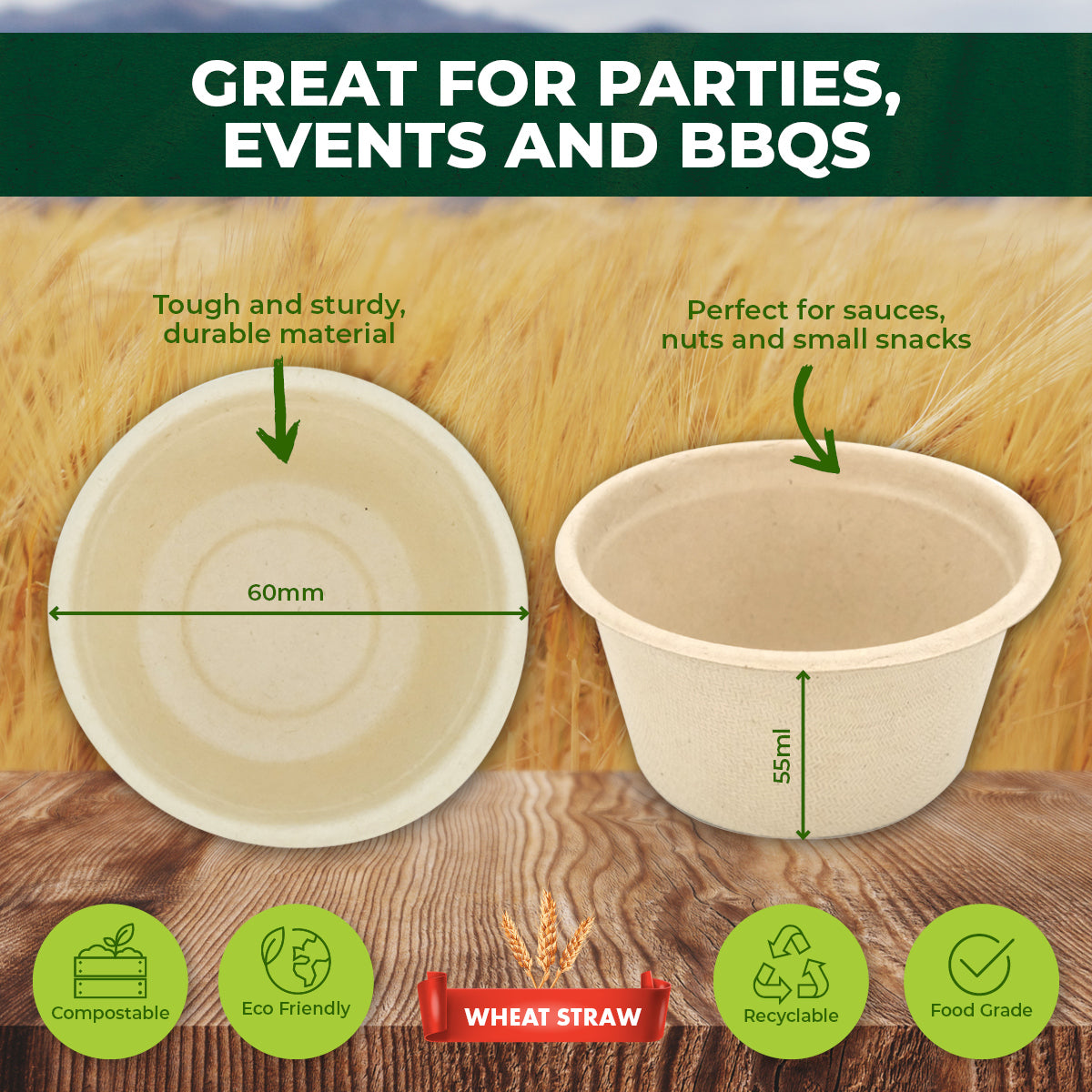 Party Central 960PCE Sauce Bowls Mini Size 150ml Eco-Friendly Recyclable 60mm