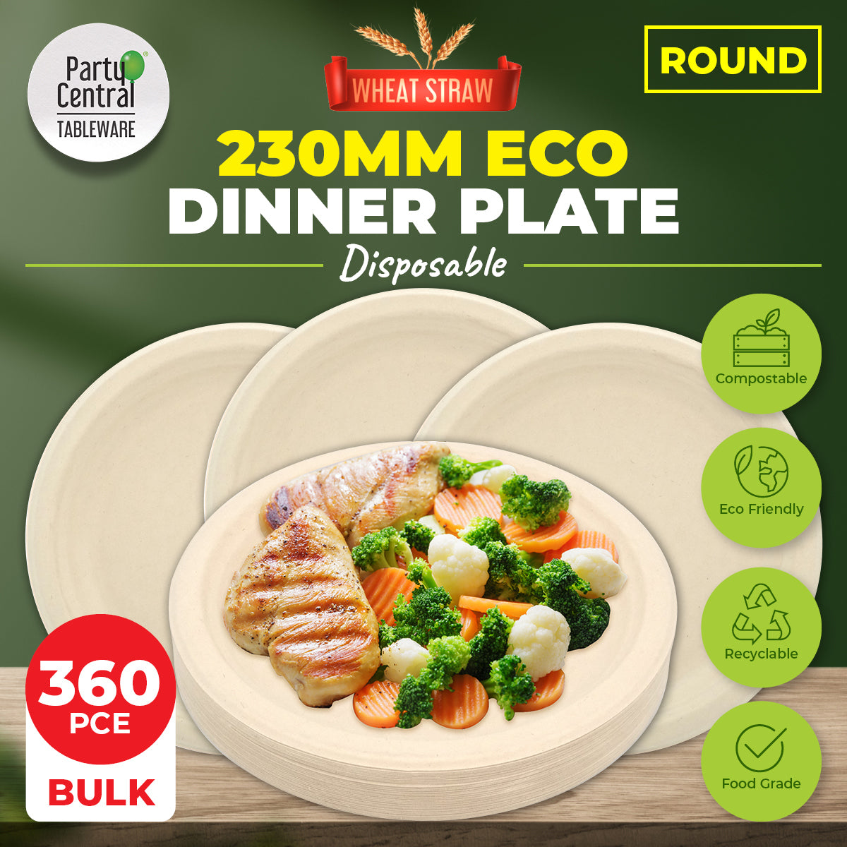 Party Central 360PCE Dinner Plates Round Strong Eco-Friendly Disposable 23cm