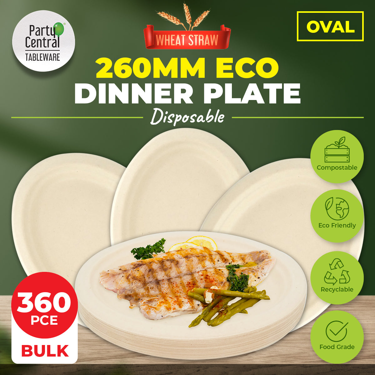 Party Central 360PCE Dinner Plates Oval Strong Eco-Friendly Disposable 26cm