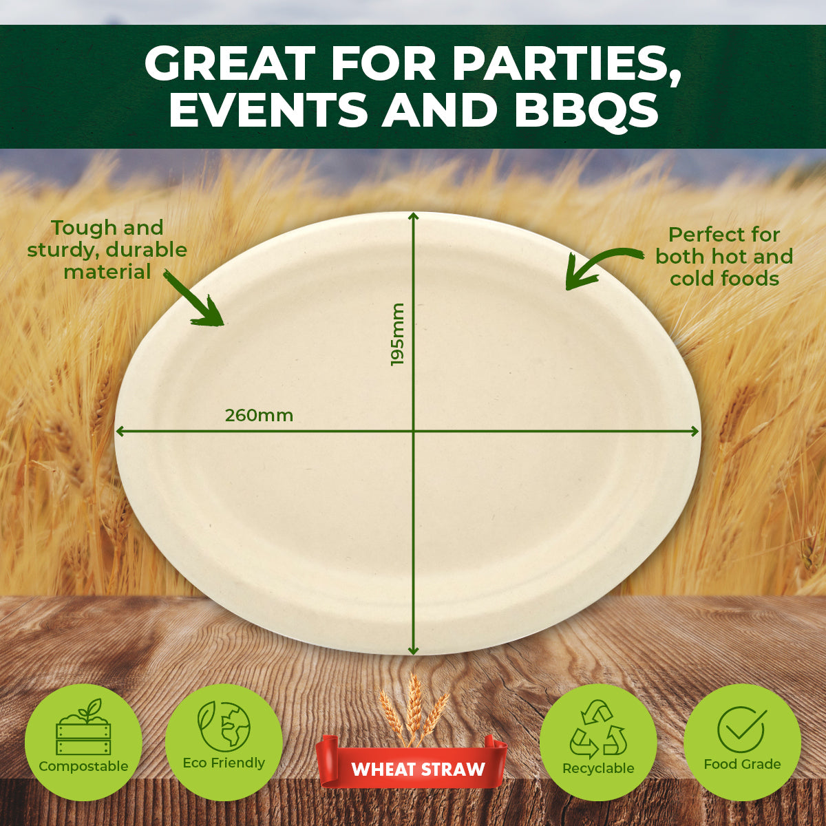 Party Central 360PCE Dinner Plates Oval Strong Eco-Friendly Disposable 26cm
