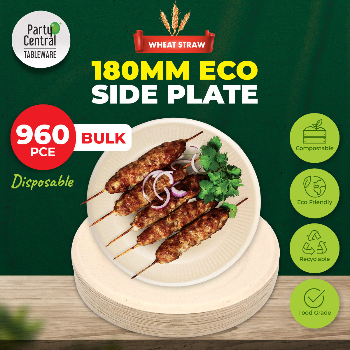 Party Central 960PCE Side Plates Eco-Friendly Recyclable Food Grade 180mm