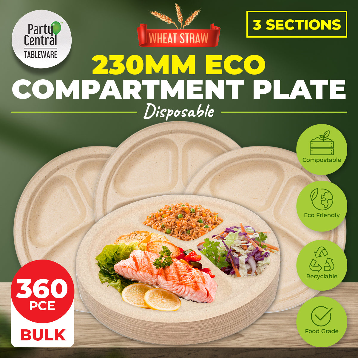 Party Central 360PCE Dinner Plates 3 Sections Eco-Friendly Disposable 23cm