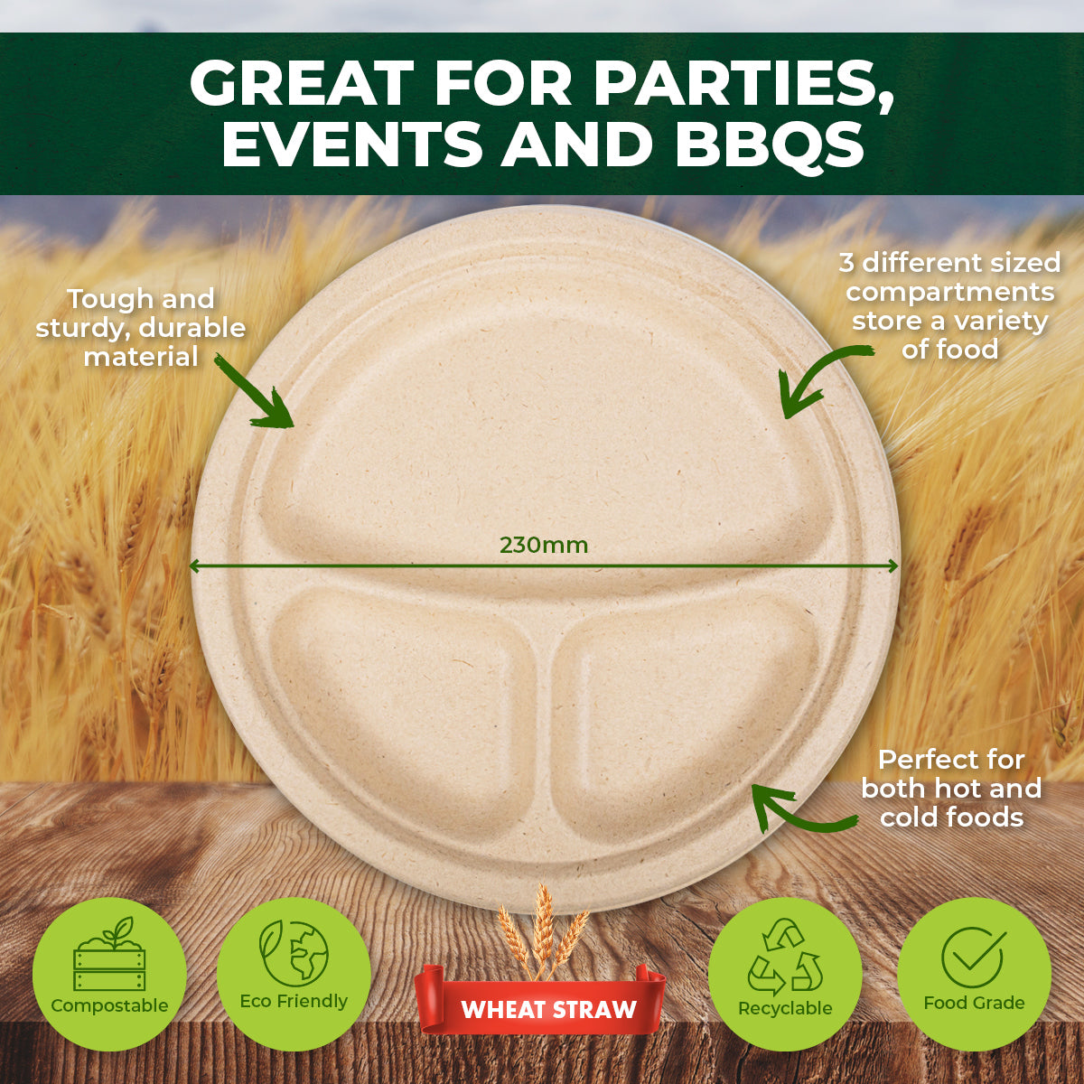 Party Central 360PCE Dinner Plates 3 Sections Eco-Friendly Disposable 23cm