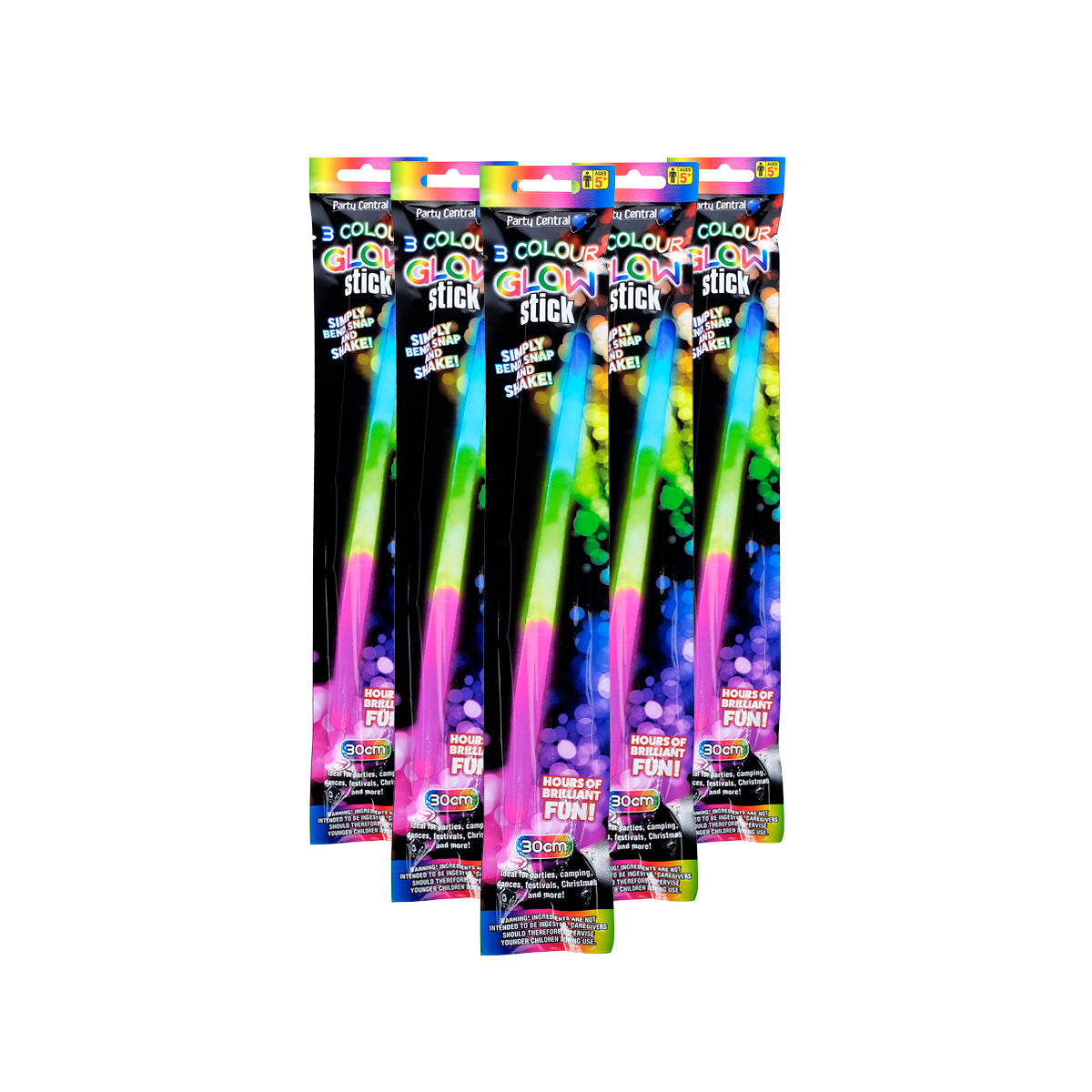 Party Central 24PCE Glow Sticks Tri-Colours Jumbo Size Long Lasting 30cm