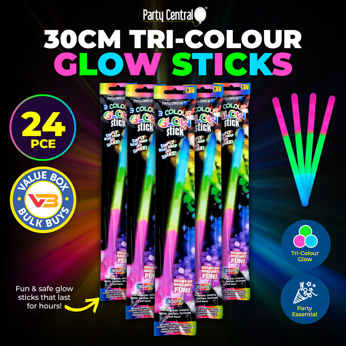 Party Central 24PCE Glow Sticks Tri-Colours Jumbo Size Long Lasting 30cm