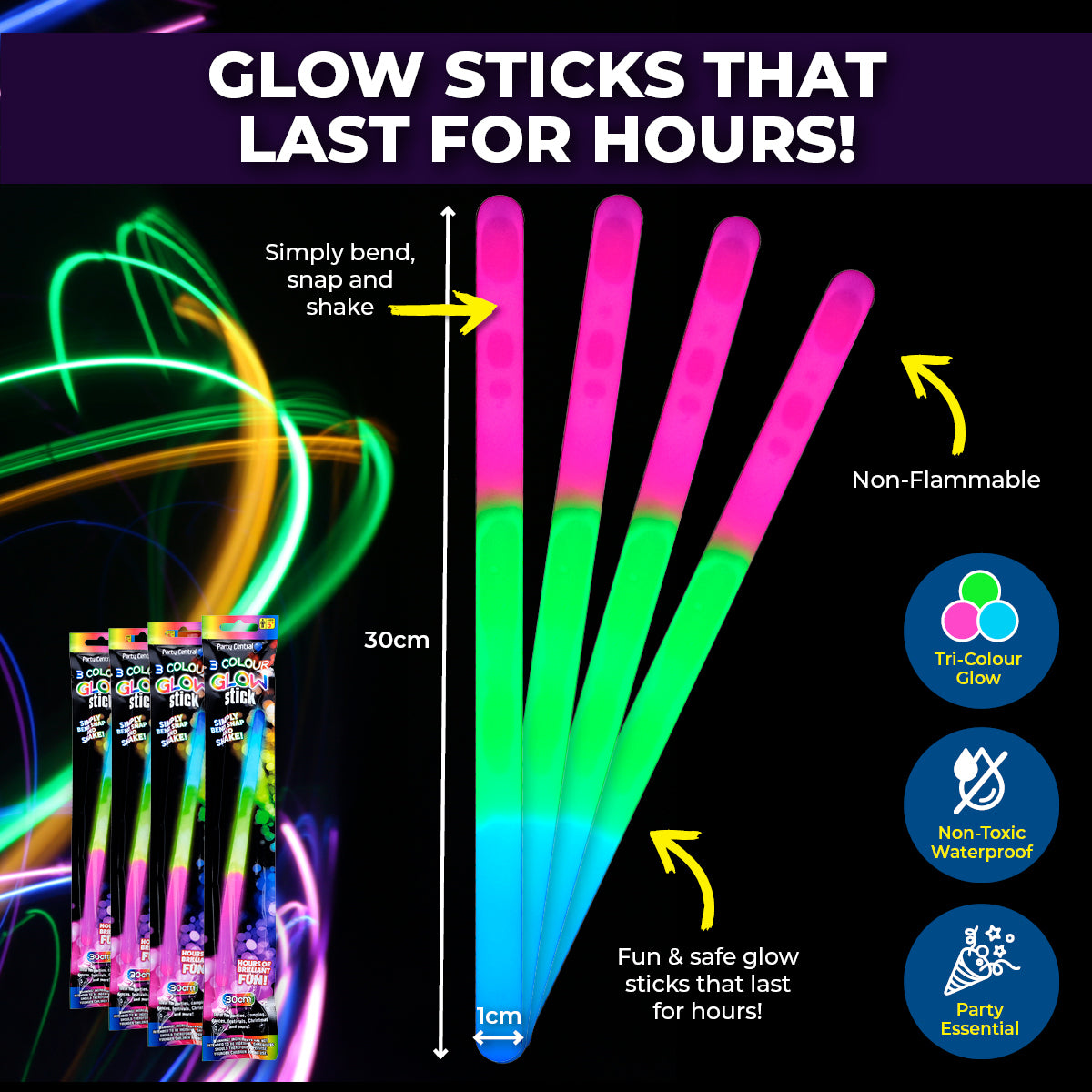 Party Central 24PCE Glow Sticks Tri-Colours Jumbo Size Long Lasting 30cm