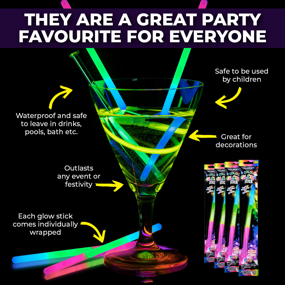 Party Central 24PCE Glow Sticks Tri-Colours Jumbo Size Long Lasting 30cm