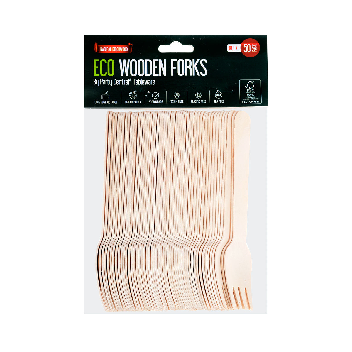 Party Central 1200PCE Wooden Forks Eco-Friendly Compostable Recyclable 16cm
