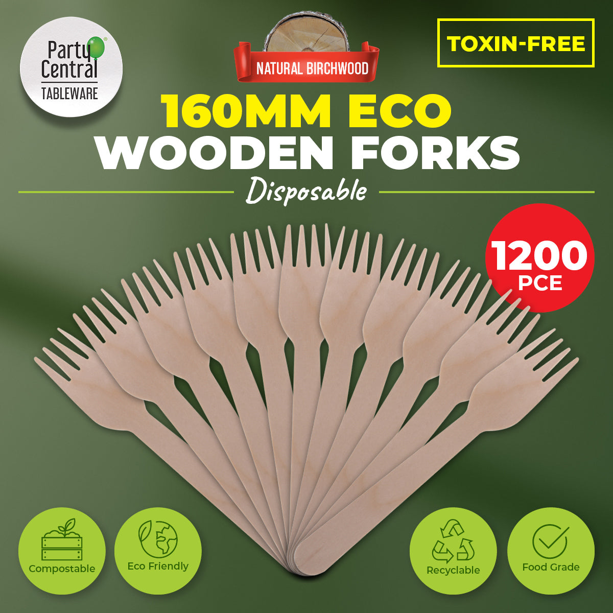 Party Central 1200PCE Wooden Forks Eco-Friendly Compostable Recyclable 16cm