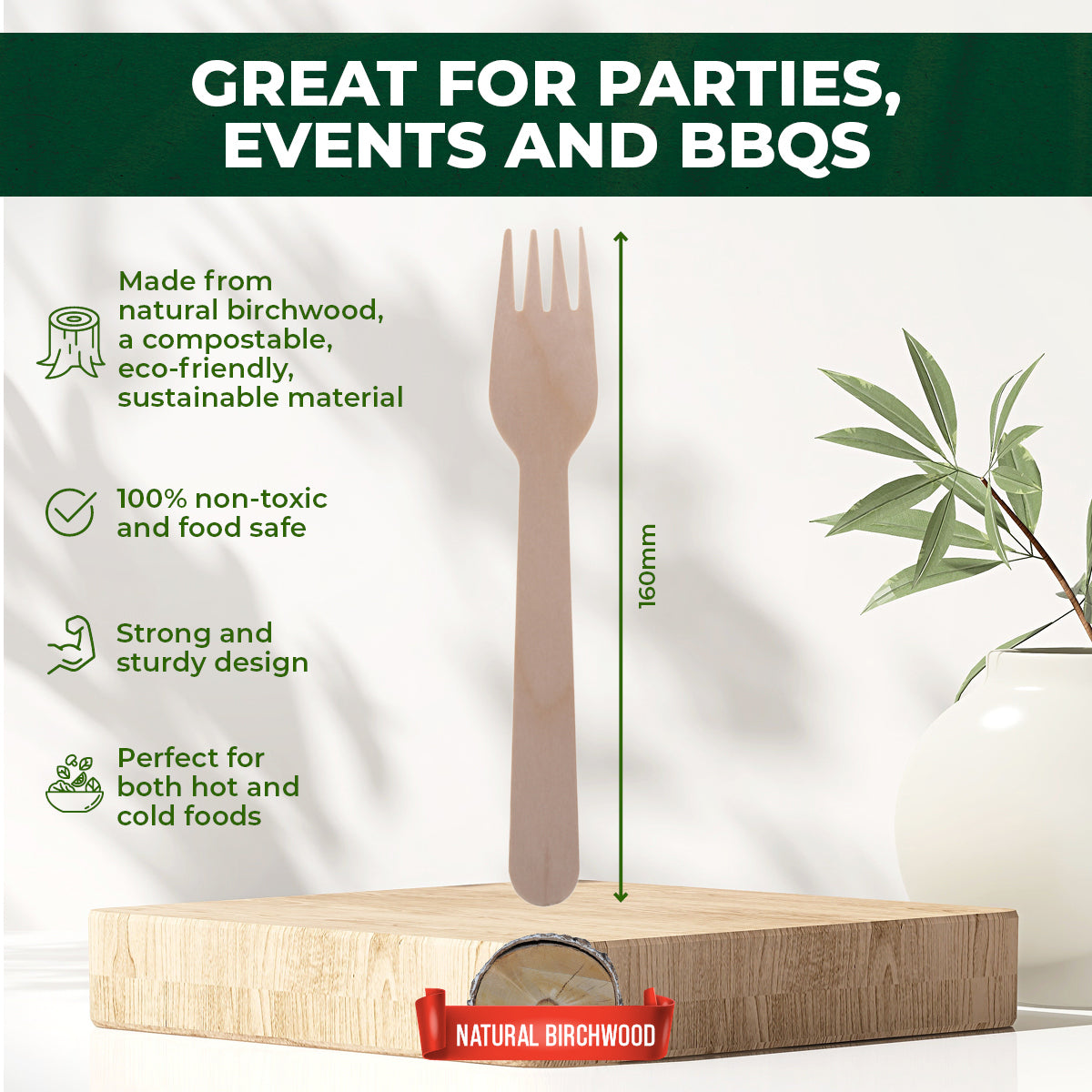 Party Central 1200PCE Wooden Forks Eco-Friendly Compostable Recyclable 16cm