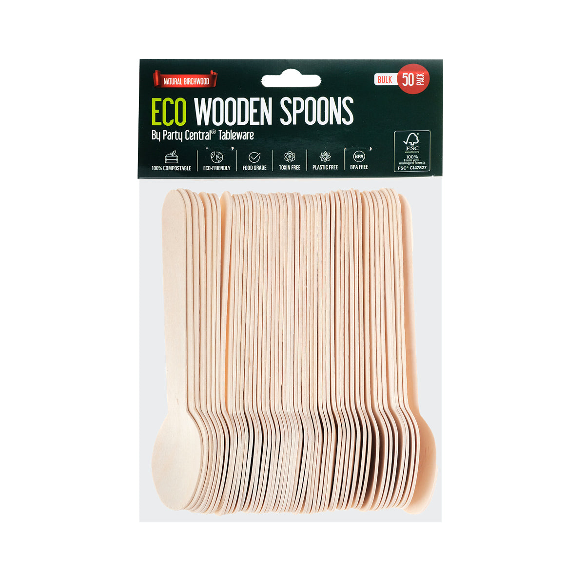 Party Central 1200PCE Wooden Spoons Eco-Friendly Compostable Recyclable 16cm