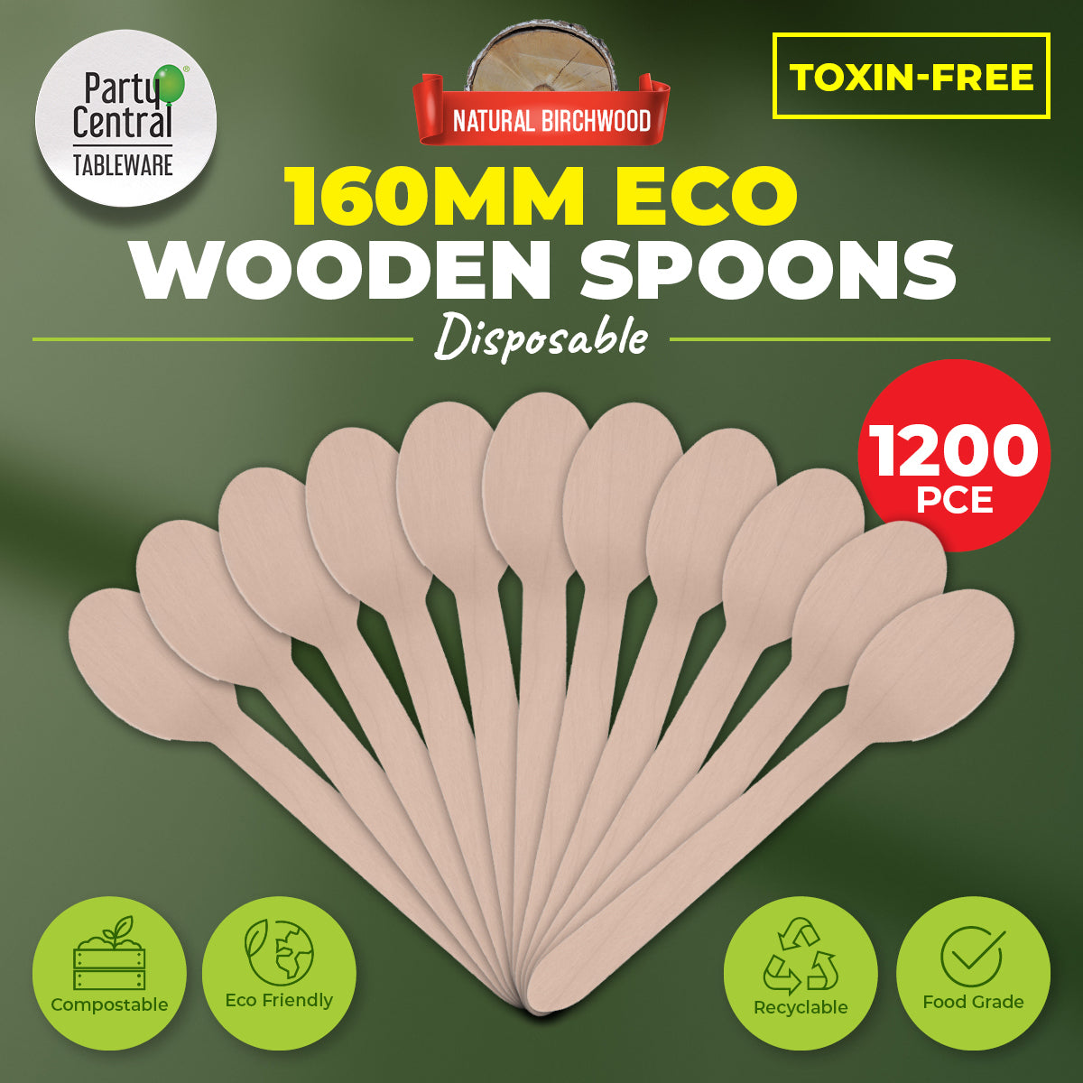 Party Central 1200PCE Wooden Spoons Eco-Friendly Compostable Recyclable 16cm