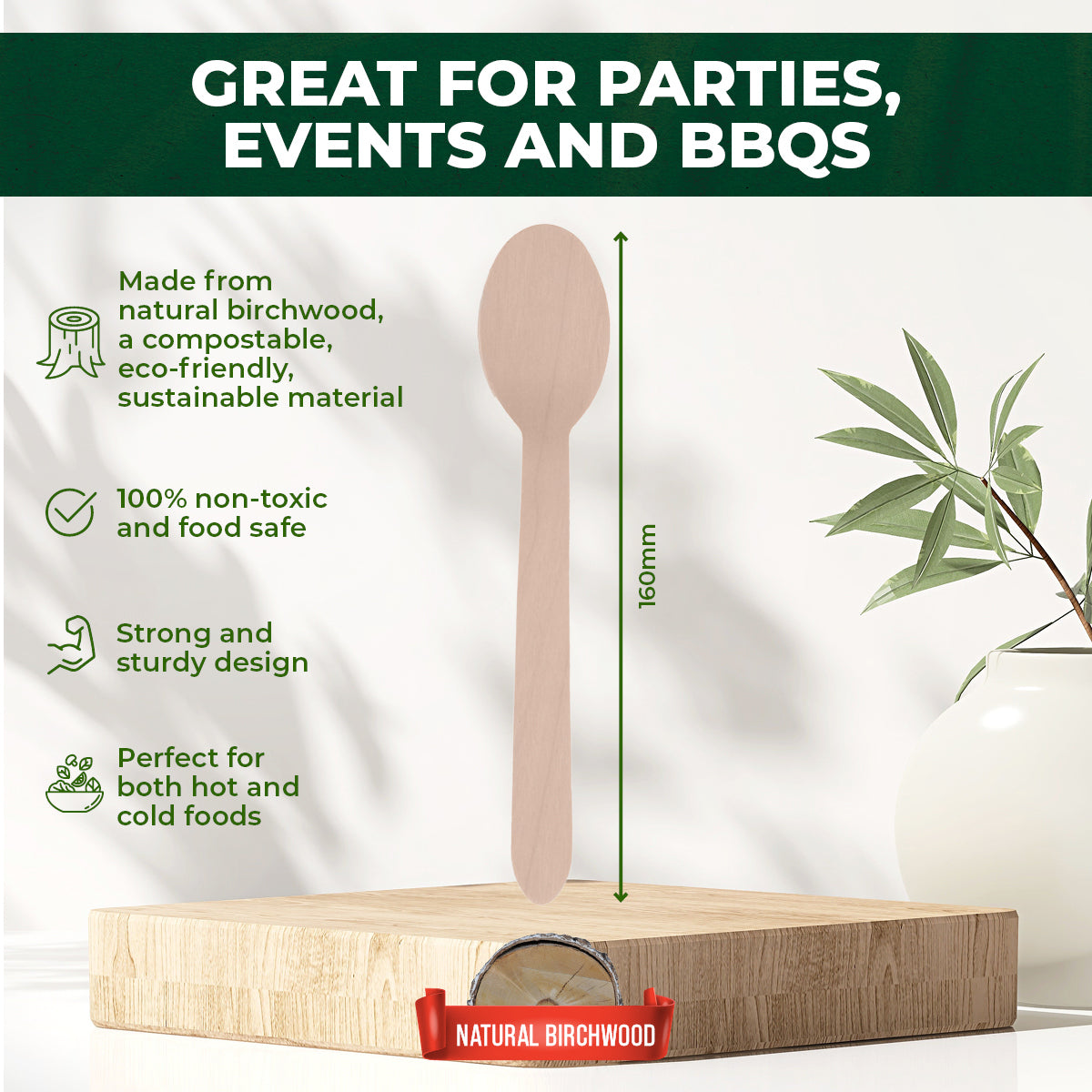 Party Central 1200PCE Wooden Spoons Eco-Friendly Compostable Recyclable 16cm