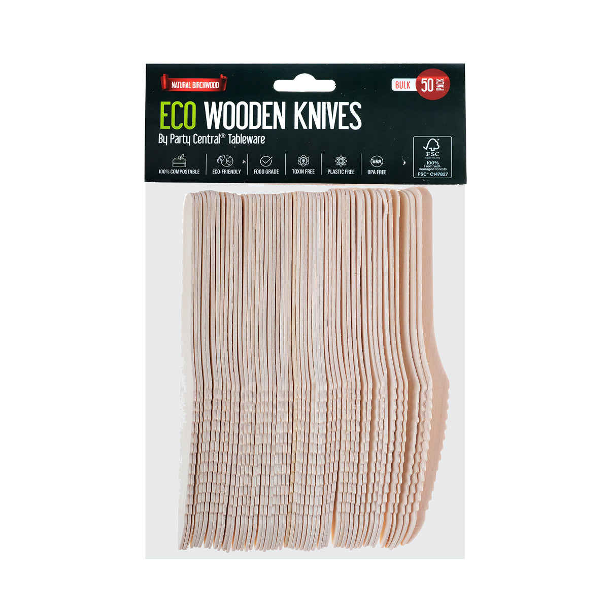 Party Central 1200PCE Wooden Knives Eco-Friendly Compostable Recyclable 16cm