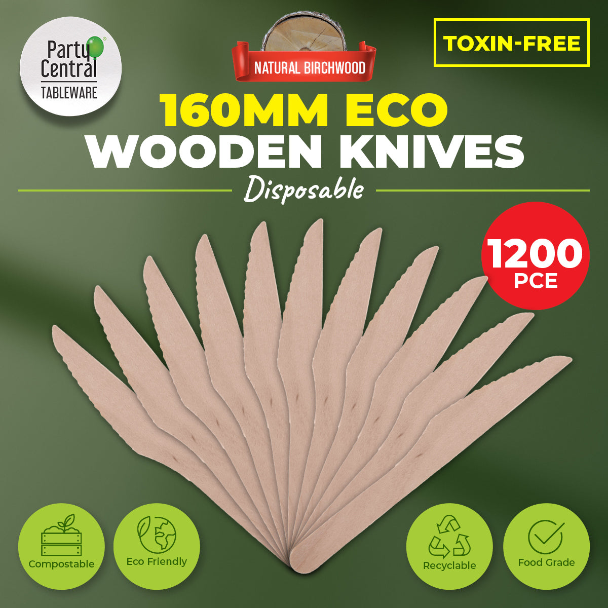 Party Central 1200PCE Wooden Knives Eco-Friendly Compostable Recyclable 16cm