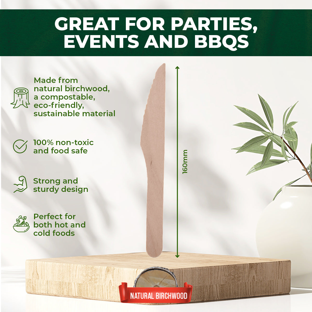 Party Central 1200PCE Wooden Knives Eco-Friendly Compostable Recyclable 16cm