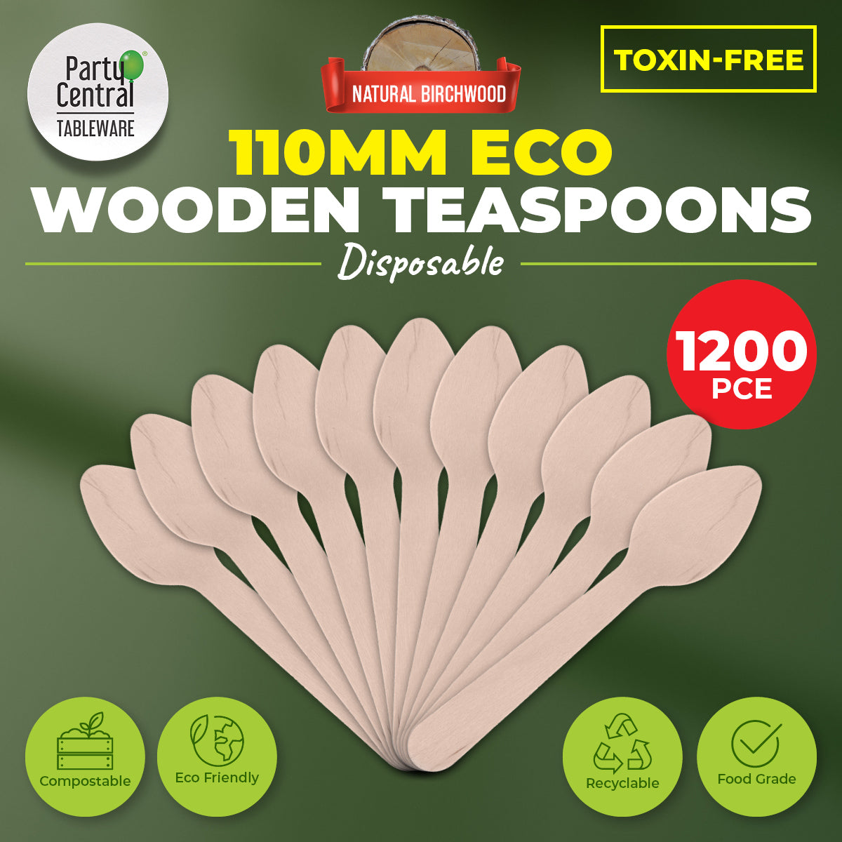 Party Central 1200PCE Wooden Teaspoons Eco-Friendly Recyclable 11cm