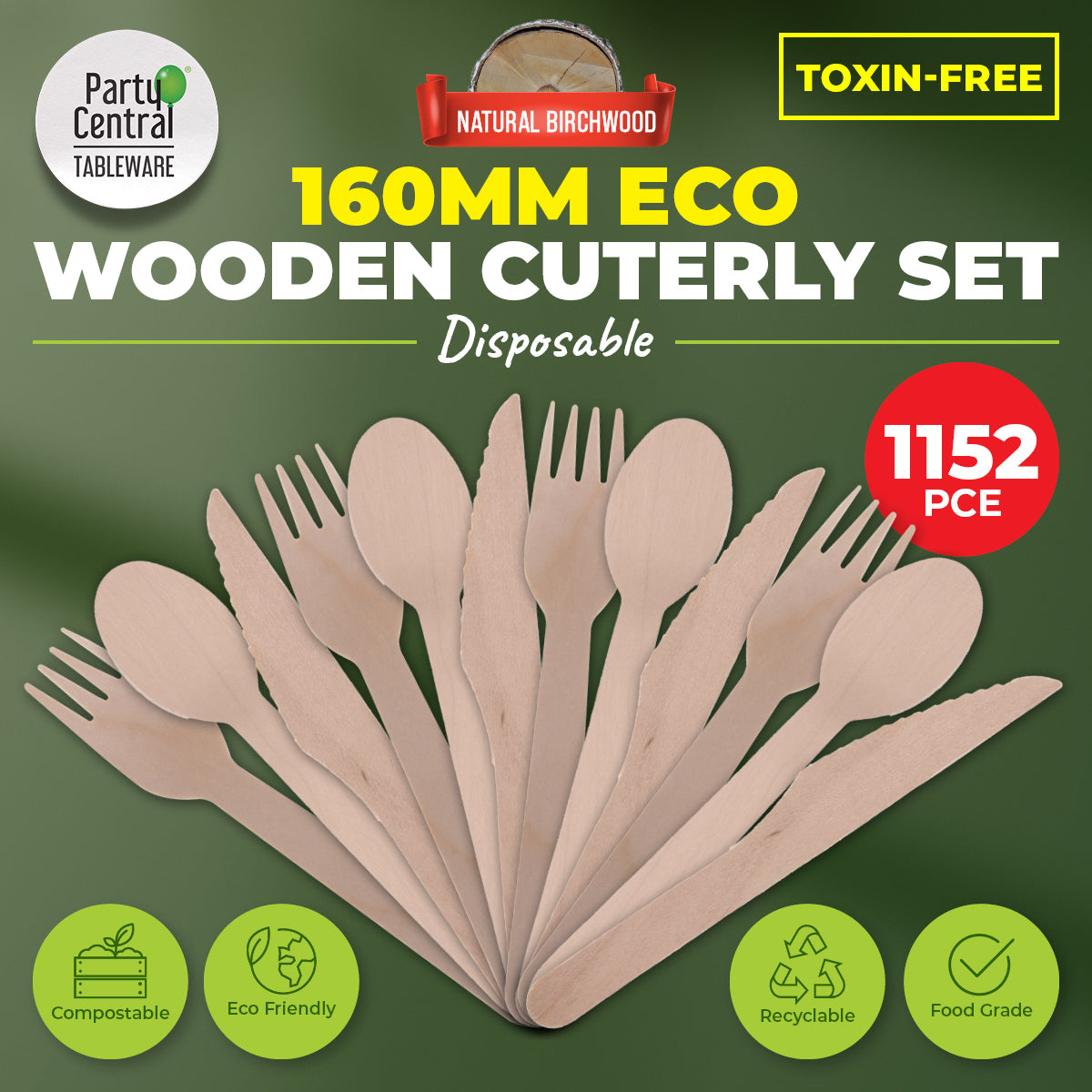 Party Central 1152PCE Wooden Cutlery Set Eco-Friendly Compostable Recyclable