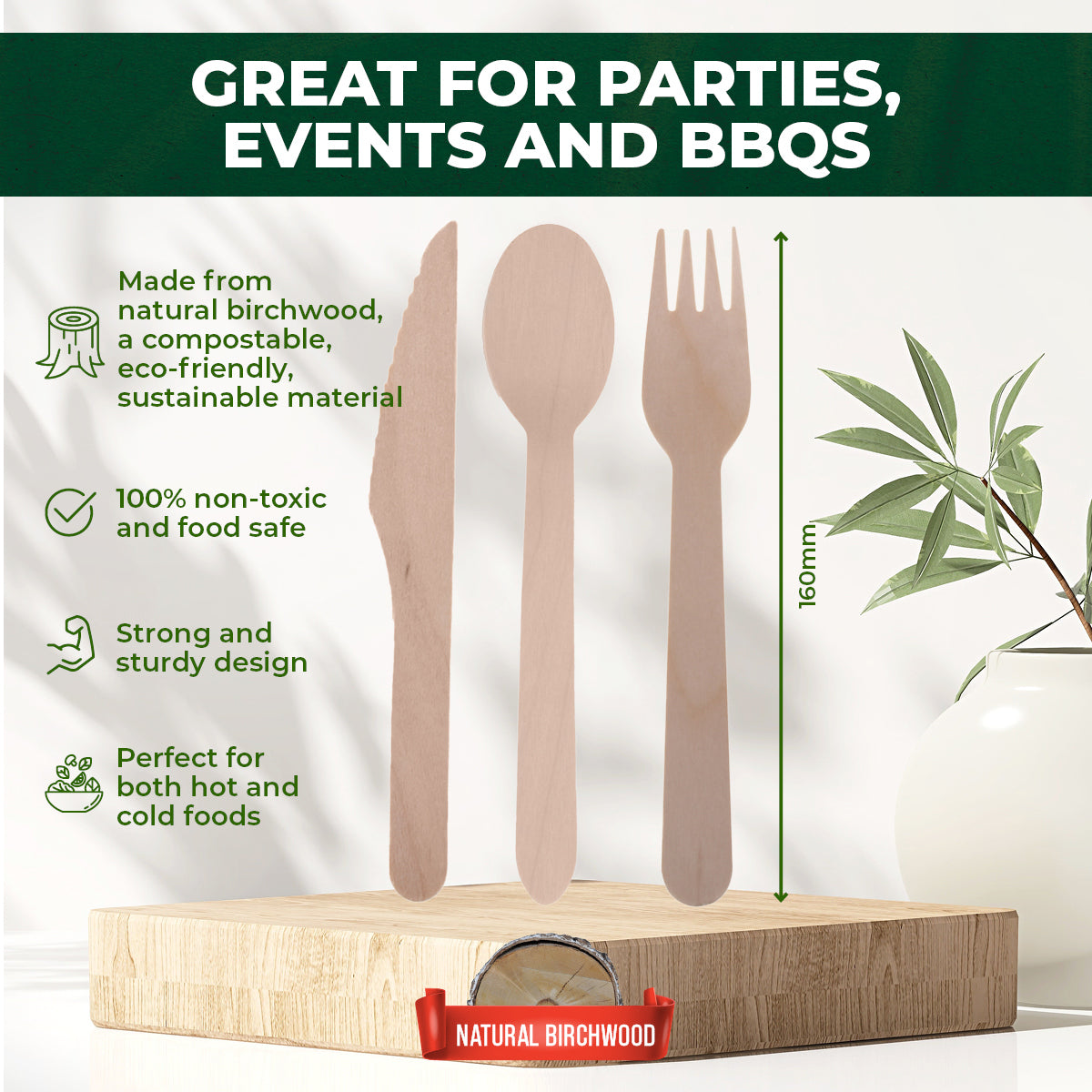 Party Central 1152PCE Wooden Cutlery Set Eco-Friendly Compostable Recyclable
